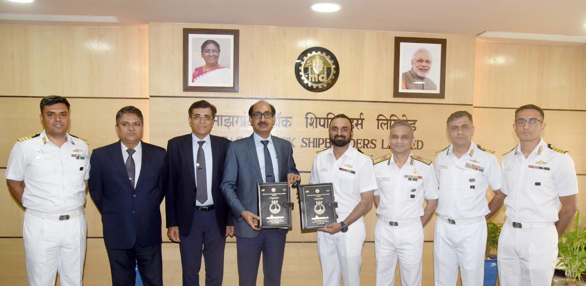 MazagonDockLtd's tweet photo. #MDL created history today with the delivery of Vaghsheer, Sixth Scorpene class Submarine of Project 75 to #Indian Navy. The acceptance documents (D448) was signed by Shri Sanjeev Singhal, CMD, MDL and RAdm R. Adhisrinivasan, CSO (Tech) in the presence of senior officials from MDL and the Indian Navy. The delivery of this Submarine is a testament of MDL's professionalism, expertise and experience in constructing complex war platforms, significantly enhancing the might of the Indian navy. This Submarine is indigenously built, showcasing cutting edge technology and strong commitment to the Government of India's "#MakeinIndia" initiative. With the delivery of Vaghsheer, MDL has completed all the Contractual deliveries of P75 project and cemented its position as the only Shipyard in the Country with proven Capability & Capacity to successfully construct Conventional Submarine.

@PMOIndia 
@DefenceMinIndia 
@SethSanjayMP 
@SpokespersonMoD 
@DefProdnIndia 
@indiannavy
@PIBMumbai