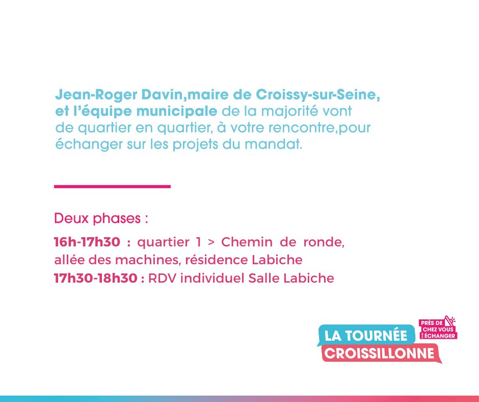 🚶‍♀️✨ Tournée Croissillonne – 2e date !

Mardi 14 janvier
16h-17h30 : Chemin de ronde, résidence Labiche
17h30-18h30 : Salle Labiche

Échangez sur l’aménagement, l’écologie, les transports…
Pour un entretien individuel : jeanroger.davin@croissy.com | 01 30 09 31 90