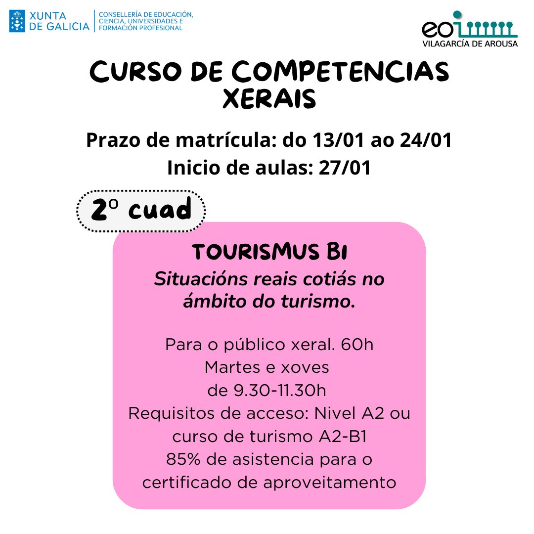 Novos cursos curtos cuadrimestrais, enfocados á práctica e mellora das destrezas comunicativas. 
DATAS DE MATRÍCULA
Do 13 de xaneiro ao 24 de xaneiro de 2025. Info sobre o proceso de matrícula na web. eoivga.org