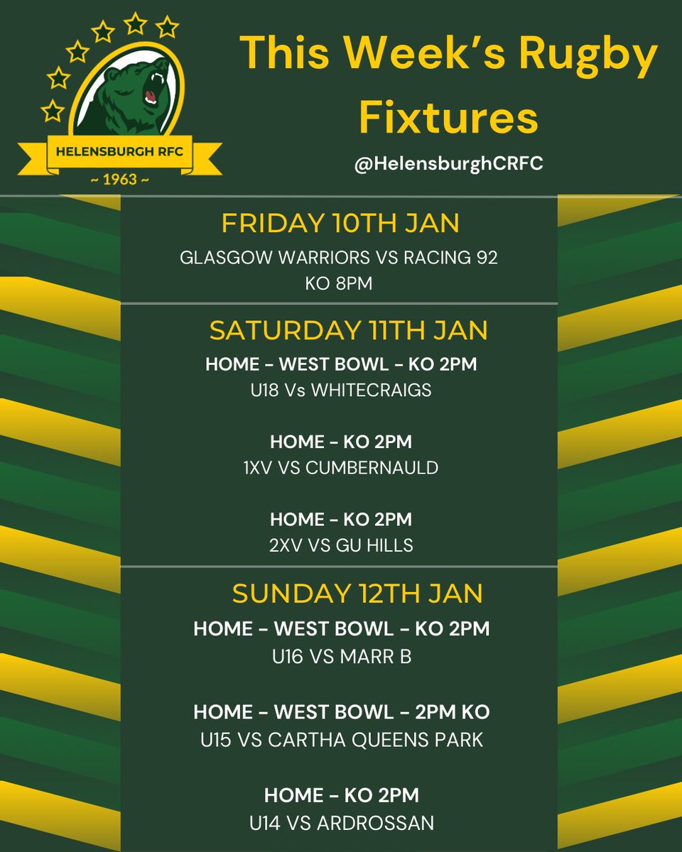🏉 This Week’s Rugby Action at Helensburgh CRFC! 🏉 Join us for an exciting weekend of rugby as our teams take to the field. 🎉 Come along and support the Burgh! #HelensburghCRFC #GrassrootsRugby #RugbyFamily
