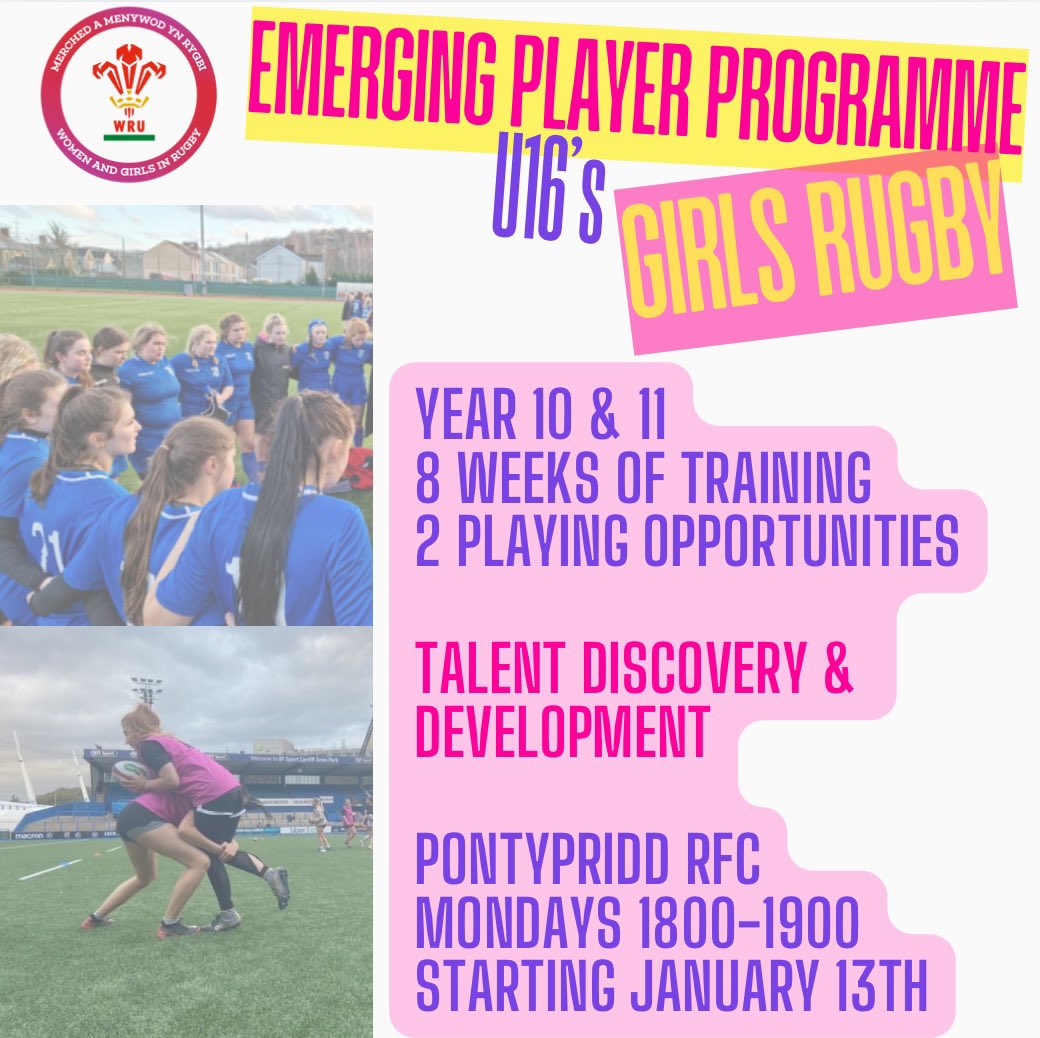 Kira Philpott (@kiraphilpott) on Twitter photo ✨NEW OPPORTUNITY✨
Girls U16’s Emerging Player Programme
Unlock your full potential with 8 weeks of coaching and 2 playing opportunities!🏉
Any queries please email kphilpott@wru.cymru
Sign up here: forms.gle/twXRC8JPDDYWHN… ✨NEW OPPORTUNITY✨
Girls U16’s Emerging Player Programme
Unlock your full potential with 8 weeks of coaching and 2 playing opportunities!🏉
Any queries please email kphilpott@wru.cymru
Sign up here: forms.gle/twXRC8JPDDYWHN…