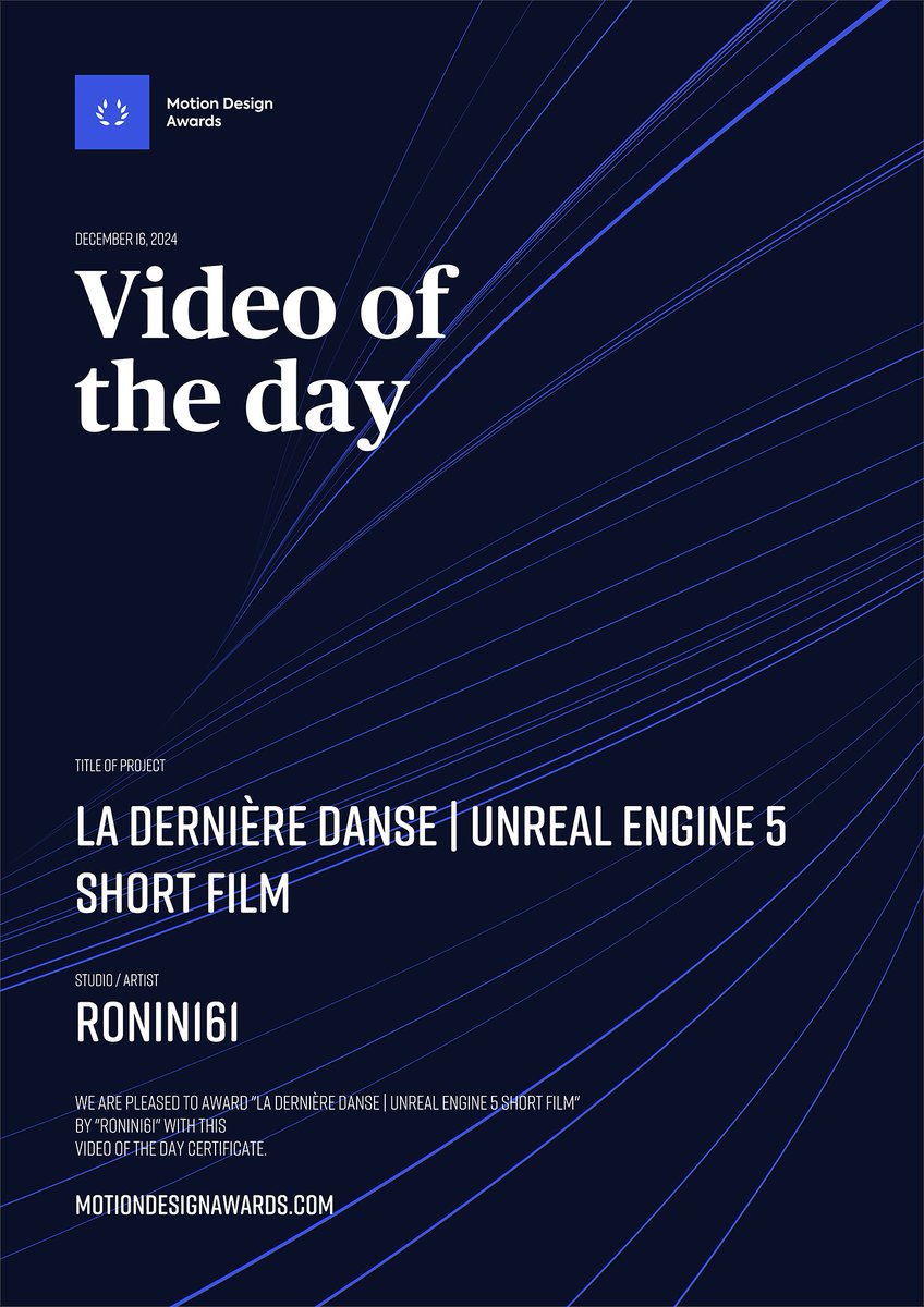 161Ronin's tweet photo. We’re thrilled to share that our short film has won a "Video of the Day" award on Motion Design Awards! 🎉

If you haven’t seen it yet, check it out now on YouTube:
👉 https://t.co/Ee1BVz5rT3

#AnimatedShort #AwardWinning #UnrealEngine https://t.co/RTMoLqCPic