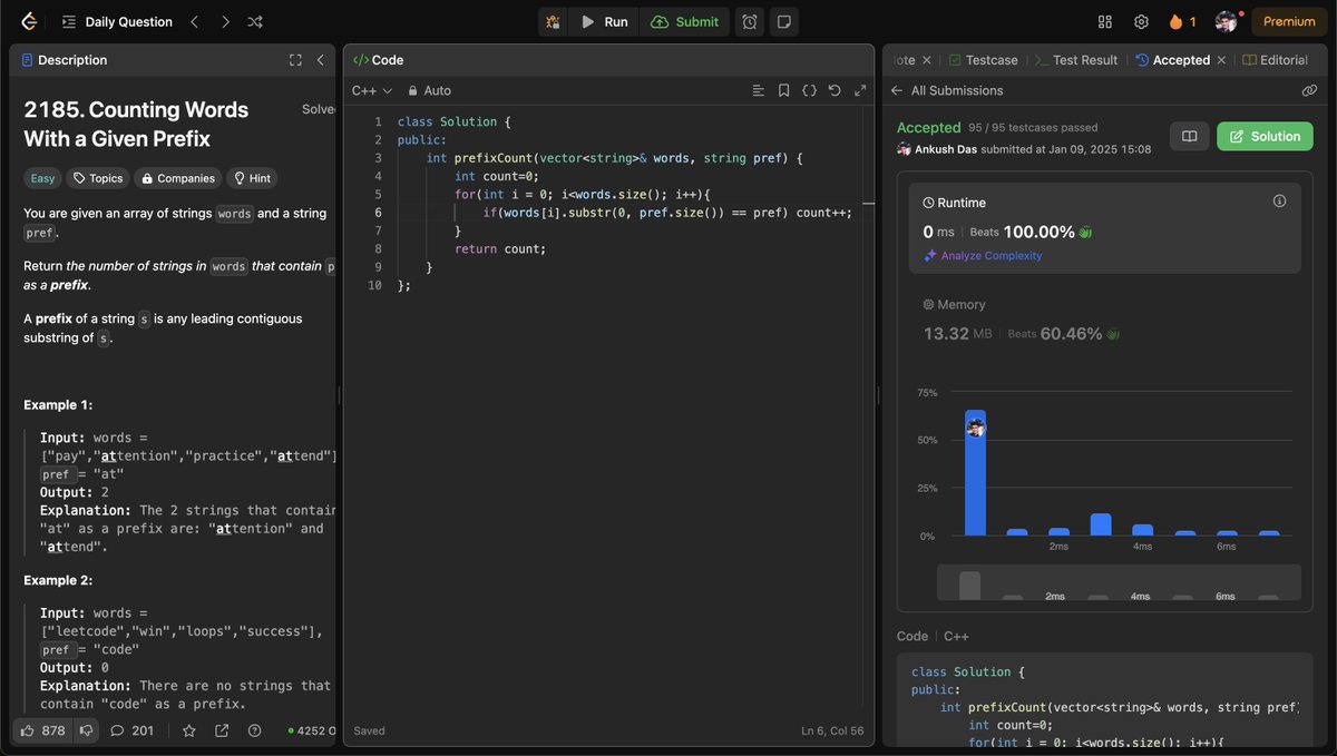 AnkushDasX's tweet image. #Day1 #Problem1 : Counting words with given prefix #leetcode #DSA