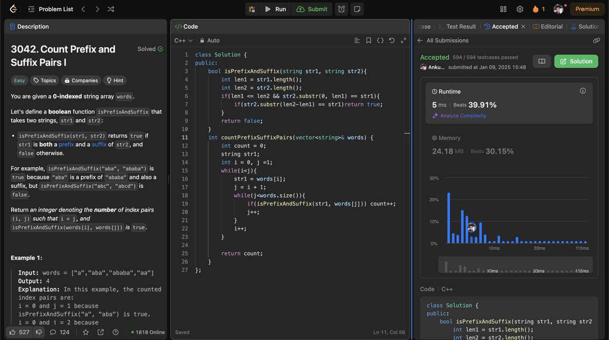 AnkushDasX's tweet image. #Day1 #Problem2 : Count Prefix and Suffix Pairs 1 #leetcode #DSA