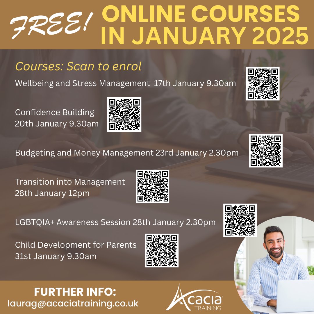 Kickstart your Career with our Free Online Short Courses!
✅ Flexible learning – study at your own pace.
✅ Enhance your CV and career prospects.
✅ Gain valuable knowledge in high-demand areas.
✅ Completely free 

📧 Email: laurag@acaciatraining.co.uk
📞 Call: 01782 646346