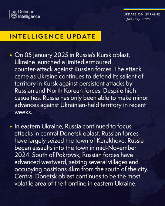 On 05 January 2025 in Russia’s Kursk oblast, Ukraine launched a limited armoured counter-attack against Russian forces. The attack came as Ukraine continues to defend its salient of territory in Kursk against persistent attacks by Russian and North Korean forces. Despite high casualties, Russia has only been able to make minor advances against Ukrainian-held territory in recent weeks. In eastern Ukraine, Russia continued to focus attacks in central Donetsk oblast. Russian forces have largely seized the town of Kurakhove. Russia began assaults into the town in mid-November 2024. South of Pokrovsk, Russian forces have advanced westward, seizing several villages and occupying positions 4km from the south of the city. Central Donetsk oblast continues to be the most volatile area of the frontline in eastern Ukraine.