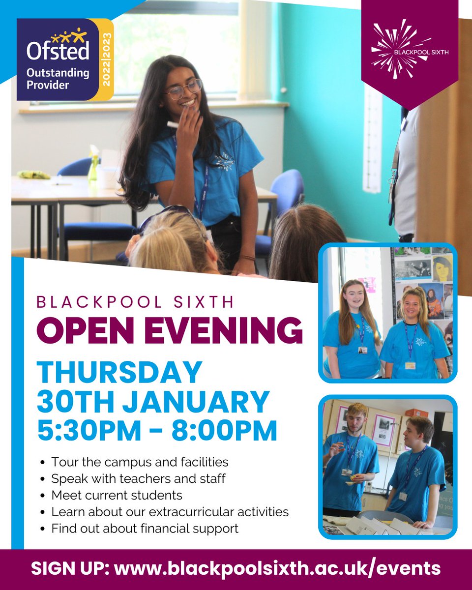 📅 Save the Date!

Join us for our next Open Event at Blackpool Sixth:

🗓️ Thursday, 30th January
⏰ 5:30 PM – 8:00 PM

✅ Explore our facilities
✅ Meet expert teachers
✅ Discover courses
✅ Chat with students

📍 Register now: blackpoolsixth.ac.uk/events