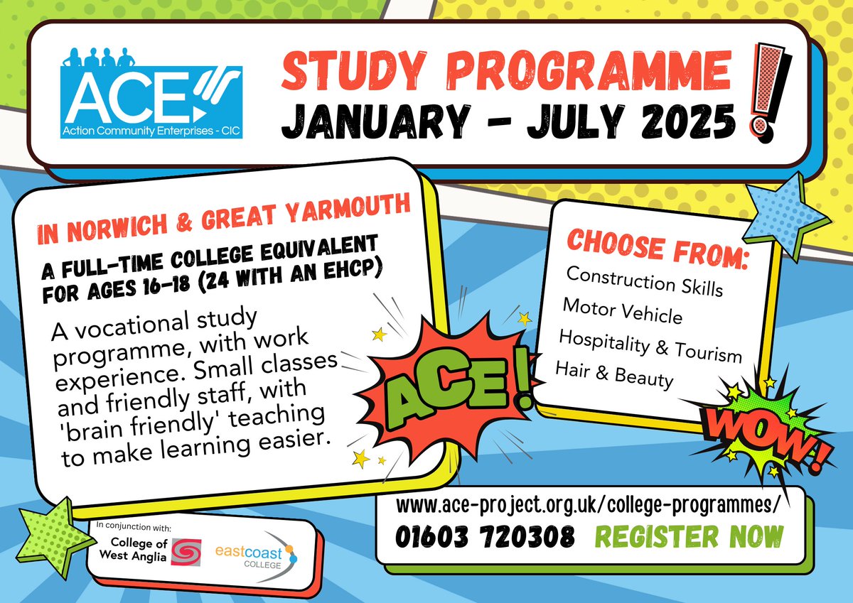 Aceproject1's tweet image. * * NEWSFLASH * * STUDY PROGRAMME * * EXTENDED * *
If you're 16-18, it's not too late to come to ACE and do a vocational course. We've got spaces available, starting THIS MONTH!
Call us to find out more or apply
#studyprogramme  #collegeofwestanglia #eastcoastcollege #aceproject