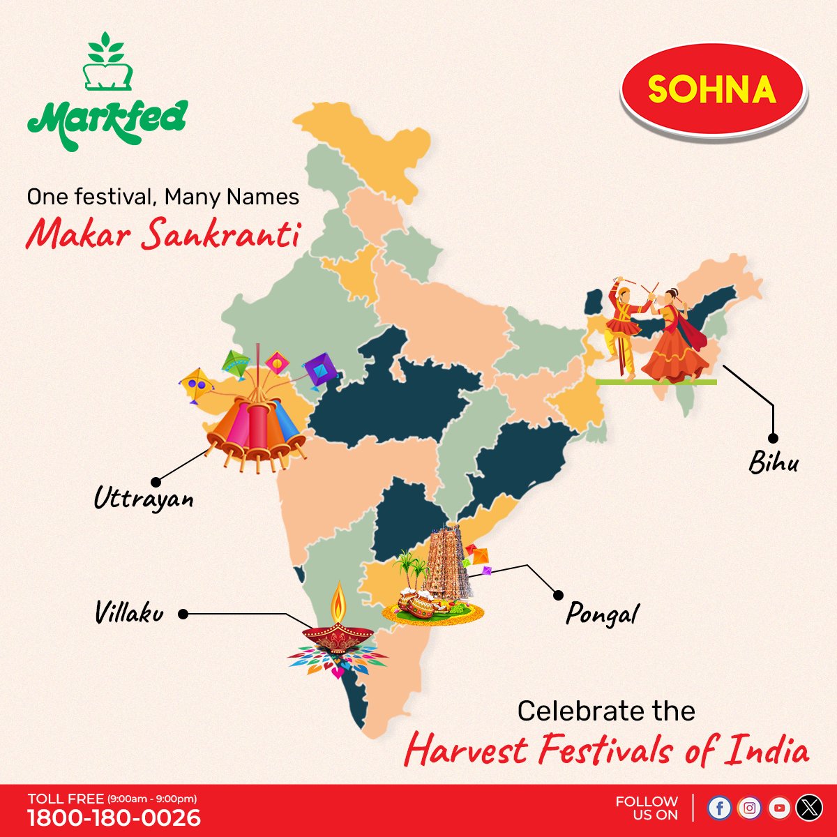 One festival, countless traditions! 🌾✨

Celebrate the harvest season—Makar Sankranti, Bihu, Pongal, Villaku, and Uttarayan—with joy, unity, and festive vibes!