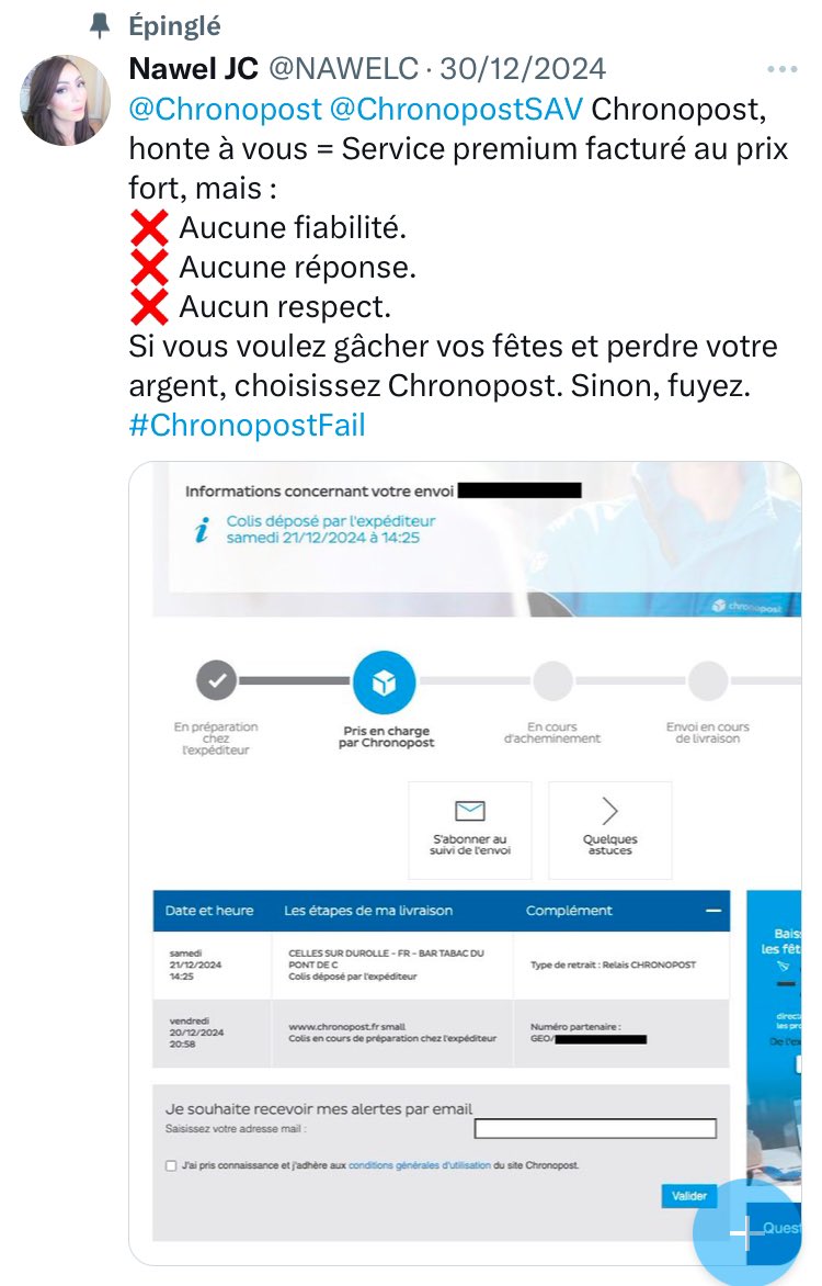 NAWELC's tweet photo. @ChronopostSAV @Chronopost @BFRETTE Mon colis n’a pas bougé depuis le 21/12. Aucun suivi ni solution après 20 appels, aucun remboursement malgré les preuves envoyées. J’ai saisi la DGCCRF, le médiateur et prépare une action en justice. Remboursez-moi!! https://t.co/JhOpU9M0wZ