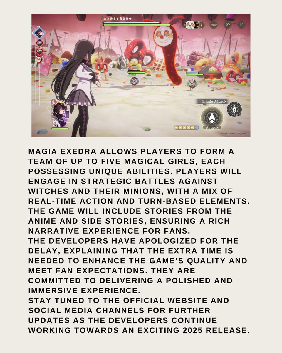 devplaynetwork's tweet photo. The wait continues, but the magic will be worth it
Puella #MagiMadokaMagica: #MagiaExedra is now set to release in Spring 2025! Assemble your team of Magical Girls and dive into a world of strategic battles, epic Witch fights, and unforgettable stories.
 
  @madoka_exedraEN https://t.co/1y9d3f3YST