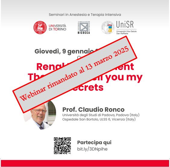Vincenzo Russotto (@russottovin) on Twitter photo We are sorry to postpone today’s meeting due to last minute problems.
👉Prof <a href="/giovannilandoni/">Giovanni Landoni, MD</a> is having today a lecture on “RENAL PROTECTION: UPDATES AND FUTURE DIRECTIONS”
Same link to join today at 4 pm 🗓️ <a href="/CaironiPietro/">Pietro Caironi</a> @Thom_Langer <a href="/SRAnesthesiaICU/">San Raffaele Anesthesia and Intensive Care</a> <a href="/etherBicocca/">Unimib Anesthesia, Critical Care and Pain Medicine</a> We are sorry to postpone today’s meeting due to last minute problems.
👉Prof <a href="/giovannilandoni/">Giovanni Landoni, MD</a> is having today a lecture on “RENAL PROTECTION: UPDATES AND FUTURE DIRECTIONS”
Same link to join today at 4 pm 🗓️ <a href="/CaironiPietro/">Pietro Caironi</a> @Thom_Langer <a href="/SRAnesthesiaICU/">San Raffaele Anesthesia and Intensive Care</a> <a href="/etherBicocca/">Unimib Anesthesia, Critical Care and Pain Medicine</a>