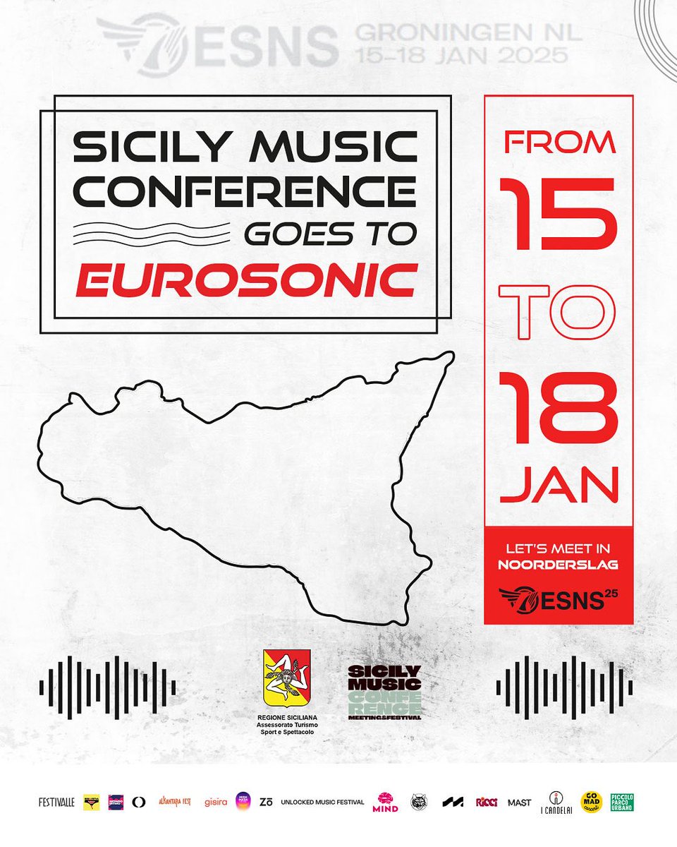 🌍 Sicily Music Conference, insieme a tanti Festival e Live Club Siciliani, approda a Eurosonic 2025! 🎶
Dal 15 al 18 gennaio a Groningen, nei Paesi Bassi, in occasione dell’Eurosonic Noorderslag (ESNS) <a href="/esns/">ESNS</a>.nl
Promuoveremo parte dlla filiera industriale musicale Siciliana!