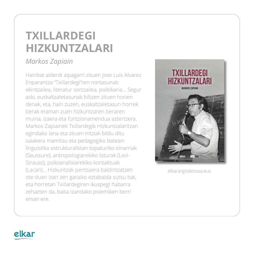 📖 Txillardegi Hizkuntzalari - Markos Zapiain.

Markos Zapiain-ek, Jose Luis Alvarez Enparantza “Txillardegi”-k Hizkuntzalaritzan egindako lan eta iritziak jaso ditu liburu honetan.

🔗 Informazio gehiago: labur.eus/ElkarLiburuak

#TxillardegiHizkuntzalari #MarkosZapiain  #Elkar