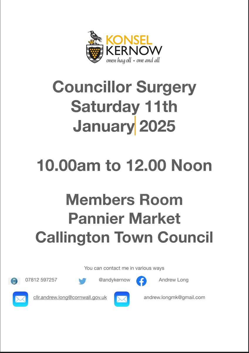 This Saturday I will be holding another <a href="/MebyonKernow/">The Party for Cornwall</a> Cllr Surgery at the <a href="/CallingtonTC/">Callington TC</a> Pannier Market from 10am to 12 Noon <a href="/CornwallCouncil/">@cornwallcouncil</a> #mkinaction
