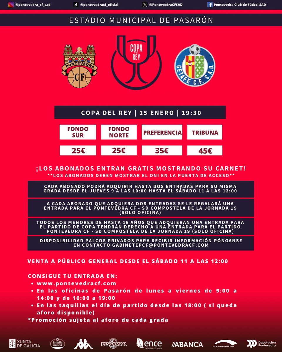 Xa á venda as entradas para o partido ante o Getafe‼️🏆

🔹Venda preferente para abonados ata o sábado ás 12:00 

🔹A partir das 12:00 do sábado, venta a público xeral a través da web pontevedracf.com

🔹 A partir do luns ás 9:00, venda física para público xeral en oficina