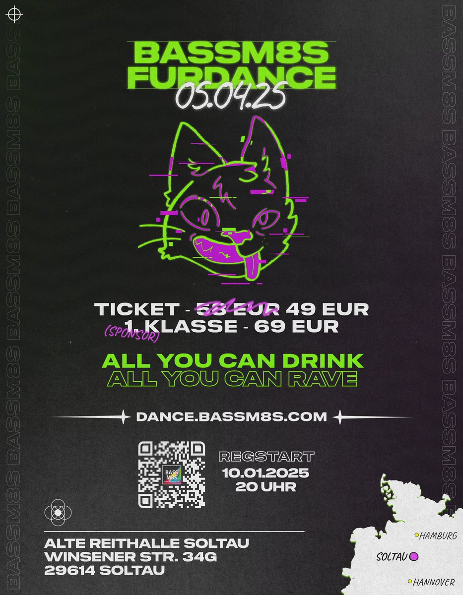 On April 5th, 2025, the Alte Reithalle in Soltau will be the venue for the hottest rave event of the year: BASSM8S FurDance! 🌟 
📅 Registration start: January 10th, 2025, 8 p.m. 
Get your ticket at dance.bassm8s.com 
Info channel: 
t.me/bassm8s