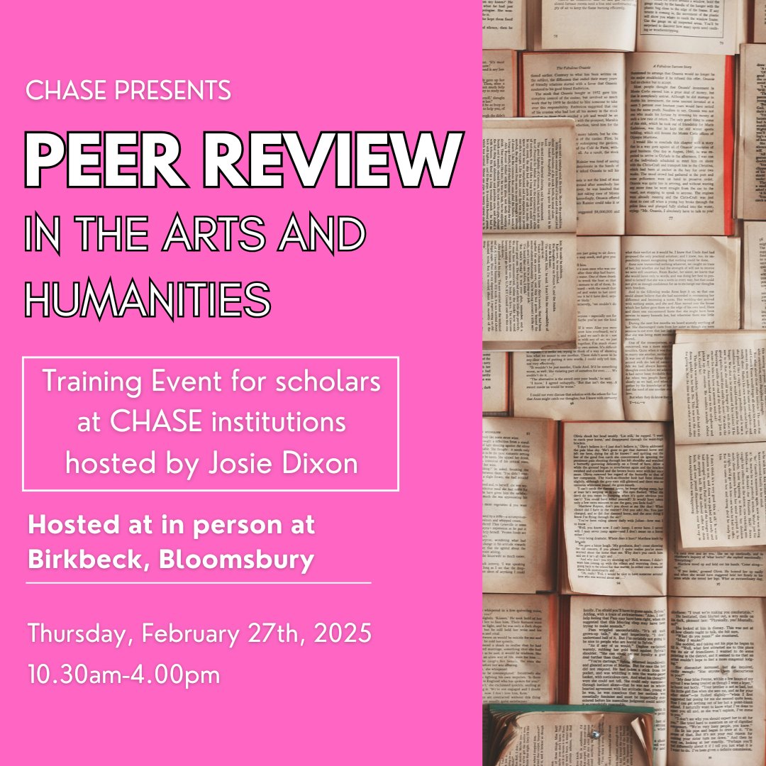 Event for scholars at CHASE institutions on February 27th!

Peer Review in the Arts &amp; Humanities is a workshop designed to demystify peer review, and will take place at Birkbeck, Bloomsbury in London from 10.30am until 4.00pm.

To register, visit the URL: ticketsource.co.uk/chasedtp/peer-…