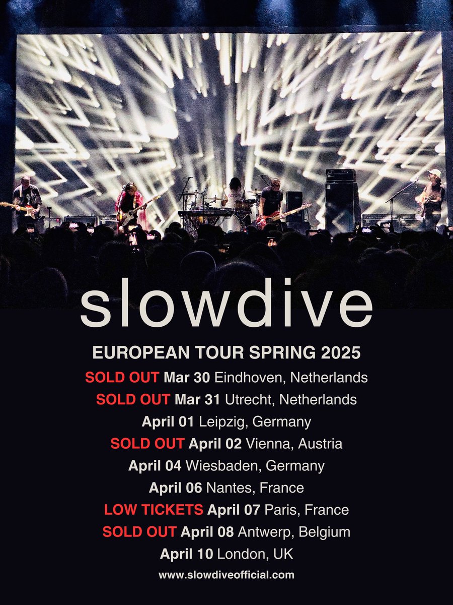 Our shows in the Netherlands, Austria and Belgium are now SOLD OUT! Thank you to everyone who has bought tickets 🙏🏻

Tickets for our show in Paris are also running very low 🇫🇷

Tickets -&gt; slowdiveofficial.com

#Slowdive2025 #Slowdive