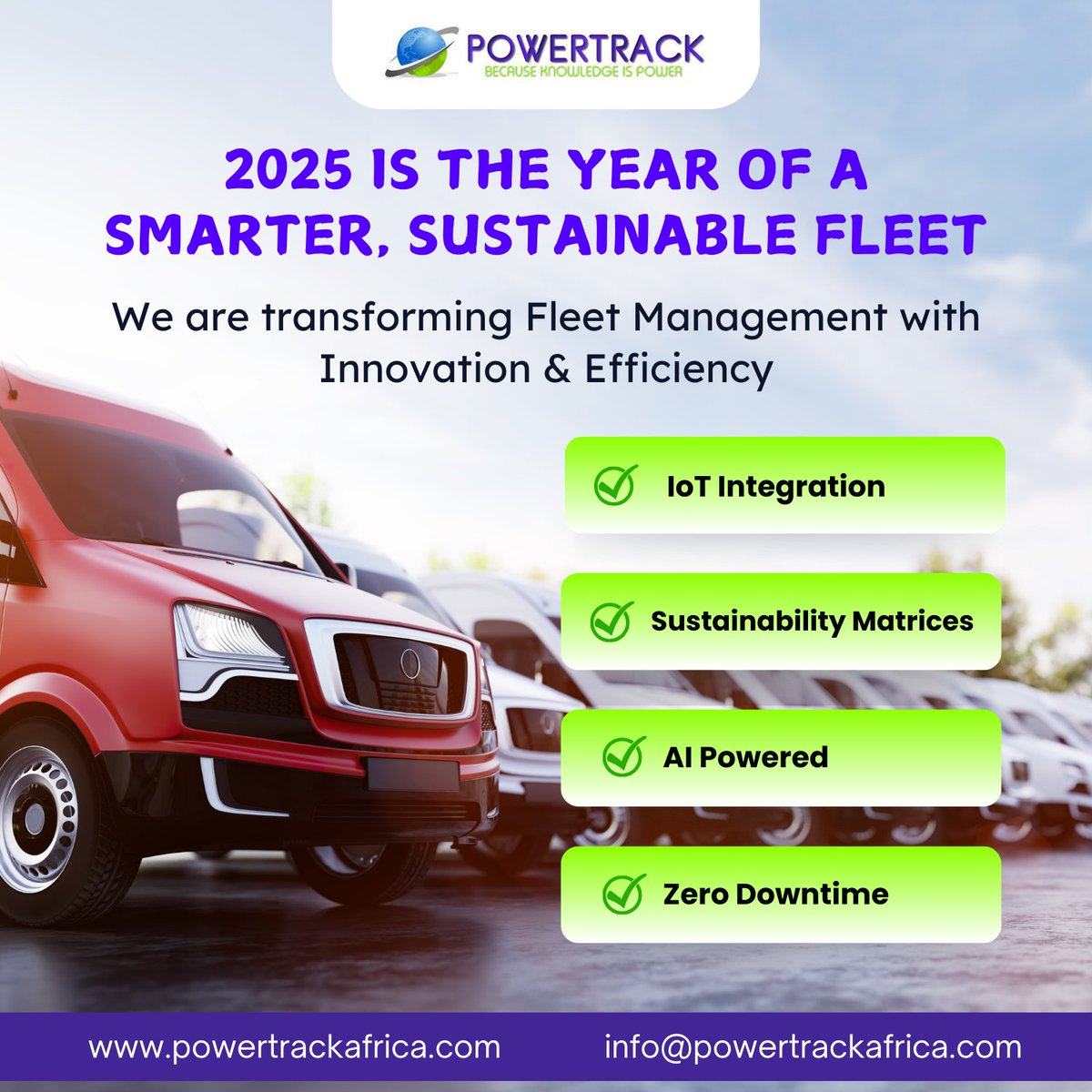 PowerTrack_'s tweet photo. 2025 is the year of Smarter, Greener Fleets.
Embrace AI, IoT, &amp; sustainability to Drive Efficiency, Boost Profits, &amp; Create a connected future for your Fleet.

https://t.co/l2LzLcJ6Ux

#Powertrack
#PowertrackAfrica
#FleetManagement #SmartFleet #IoT #Innovation #NewYear #Growth https://t.co/bp64WgS3WG
