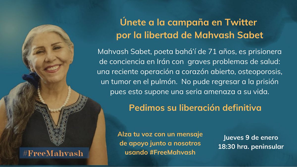 Nos unimos a la iniciativa de la familia y amigos de  Mahvash Sabet alrededor del mundo, para pedir su libertad definitiva, pueda recuperar su salud y vida fuera de prisión. 
El gobierno de #Iran debe escucharnos.
9 enero 18:30 deja tu mensaje de apoyo y comparte #FreeMahvash
