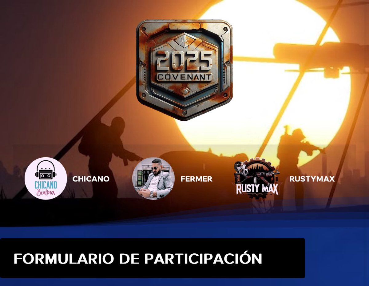 🚨AVISO🚨

-Lunes 13 de enero apertura de inscripciones 
-Jueves 19 de febrero cerramos inscripciones 

Un poco más de un mes para formar los equipos de 3 a 5 jugadores 

Queda descartado totalmente los equipos sin ningún participante que haga stream

⚠️Hacer el formulario no te