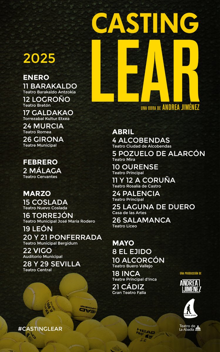CASTING LEAR 🎾

GIRA 2025

Con Andrea Jiménez, Juan Paños y un actor diferente cada noche...

Dirección: Andrea Jiménez y Úrsula Martínez
Dramaturgista: Olga Iglesias

Entradas a la venta en teatros y linktr.ee/barcopirataorg