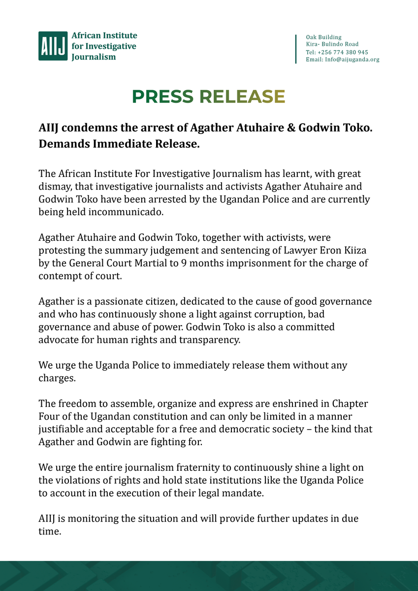 AfricanIIJ's tweet image. We are deeply concerned about the arrest of @AAgather and @GodwinTOKO this morning at the Supreme Court premises. We urge the police to unconditionally release them.