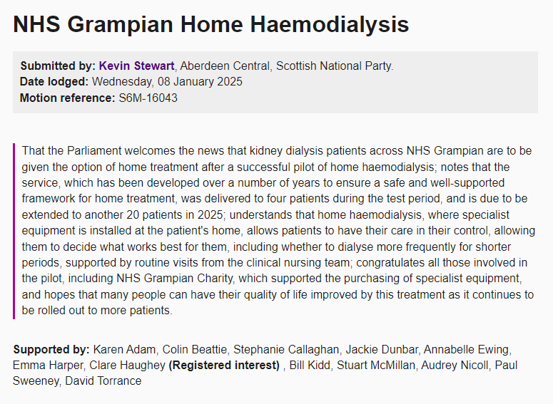 NHS Grampian (@nhsgrampian) on Twitter photo Congratulations to our #haemodialysis teams who have received a mention in <a href="/ScotParl/">Scottish Parliament</a> welcoming the news that kidney dialysis patients across Grampian are to be given the option of at-home treatment following a successful pilot. 🧵👇
#ProudToBeNHSG Congratulations to our #haemodialysis teams who have received a mention in <a href="/ScotParl/">Scottish Parliament</a> welcoming the news that kidney dialysis patients across Grampian are to be given the option of at-home treatment following a successful pilot. 🧵👇
#ProudToBeNHSG