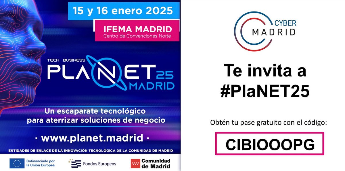 Cluster CyberMadrid (@cyber_madrid) on Twitter photo Los próximos 15 y 16 de enero en <a href="/IFEMA/">IFEMA MADRID</a> , no te pierdas #PlaNET25 🪐 #PlaNETMadrid🪐
Gran escaparate Internacional de la #innovación #tecnológica aplicada a la #empresa, en #Madrid
📌 Agenda: lnkd.in/dYq-_a3j
🔖 Entradas: lnkd.in/dGDKtpxJ
<a href="/MadridNetwork/">Madrid Network</a> Los próximos 15 y 16 de enero en <a href="/IFEMA/">IFEMA MADRID</a> , no te pierdas #PlaNET25 🪐 #PlaNETMadrid🪐
Gran escaparate Internacional de la #innovación #tecnológica aplicada a la #empresa, en #Madrid
📌 Agenda: lnkd.in/dYq-_a3j
🔖 Entradas: lnkd.in/dGDKtpxJ
<a href="/MadridNetwork/">Madrid Network</a>