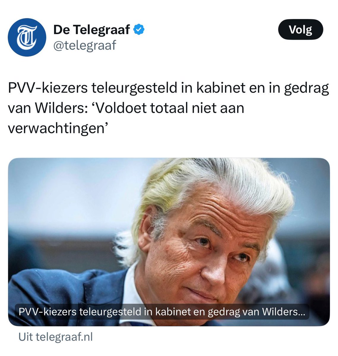 Hier nogmaals het bewijs dat PVV-stemmers totaaldebielen zijn. “Teleurgesteld in gedrag Wilders”.
Wat had je dan verwacht na twintig jaar alleen maar haat zaaien, demoniseren en  langs de lijn tieren?
En nu levert hij ook nog niets.

Lekker gekozen Henk en Ingrid!