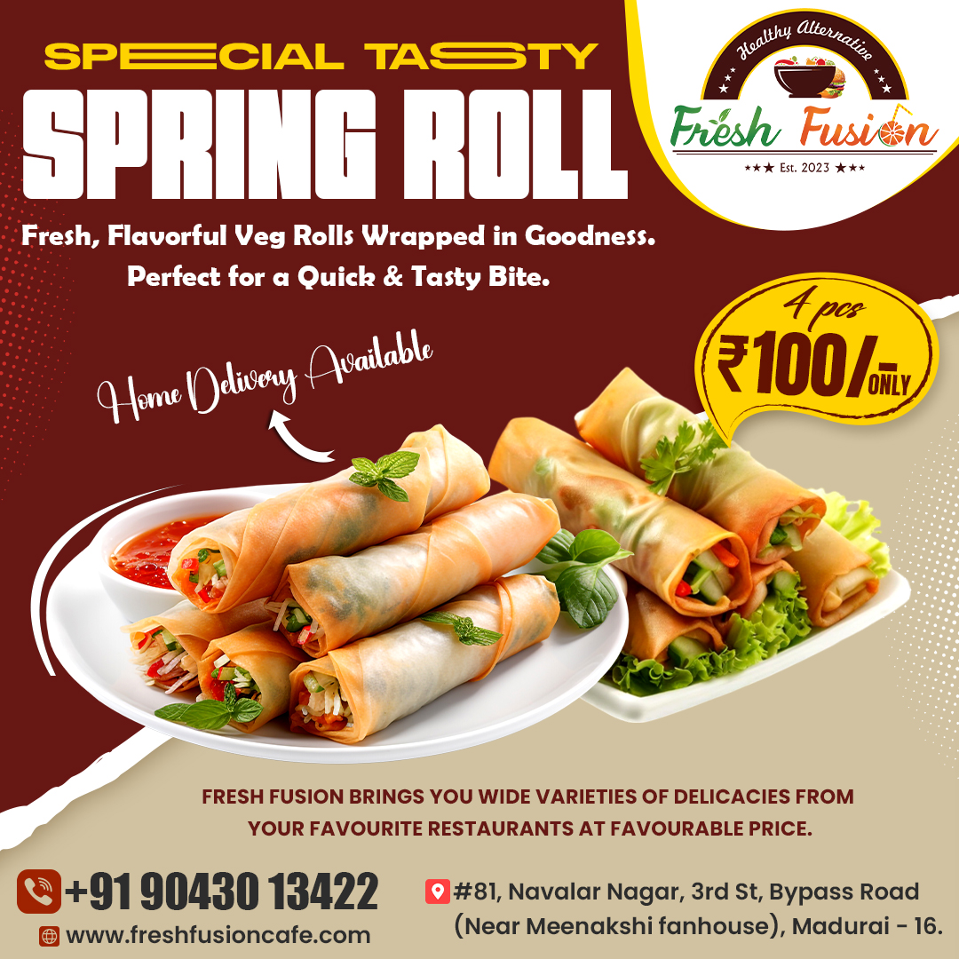 freshfusion23's tweet photo. Special Tasty Spring Roll - Fresh Fusion Cafe - Madurai 
#realroseflavour #freshfusioncafe #favorite #fresh #madurai #FreshFusionRoseMilk #RefreshingRoseMilk #FreshFusionFlavors
#TasteTheRose #RoseMilk #SipFresheshFusion #FusionRoseMilk #frenchfries #milkshakes #pasta #Springroll https://t.co/GrEK3HRRS5