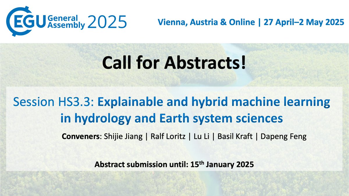 Shijie Jiang (@shijie_jiang_) on Twitter photo Only one week left to submit abstract to #EGU25! Join us on explainable and hybrid machine learning in hydrology & Earth system sciences. Last year, we brought together amazing researchers—this year, let’s keep the momentum with your ideas!
🌍 Submit here: meetingorganizer.copernicus.org/EGU25/session/… Only one week left to submit abstract to #EGU25! Join us on explainable and hybrid machine learning in hydrology & Earth system sciences. Last year, we brought together amazing researchers—this year, let’s keep the momentum with your ideas!
🌍 Submit here: meetingorganizer.copernicus.org/EGU25/session/…