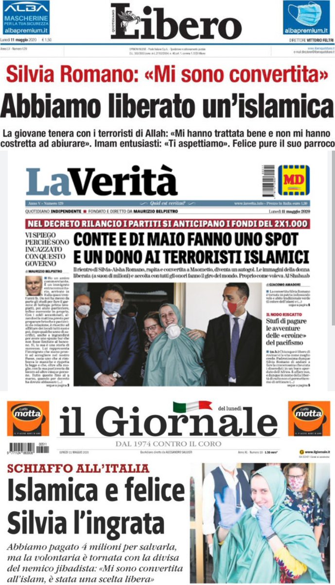 Ma vediamo come titolavano i quotidiani di destra del "capolavoro Meloni", "Trionfo della Meloni, la sinistra sotto un treno" e "riportata a casa, rimessi a cuccia", il giorno della liberazione di Silvia Romano per mano del governo Conte. Fanno cacare più delle prugne secche.