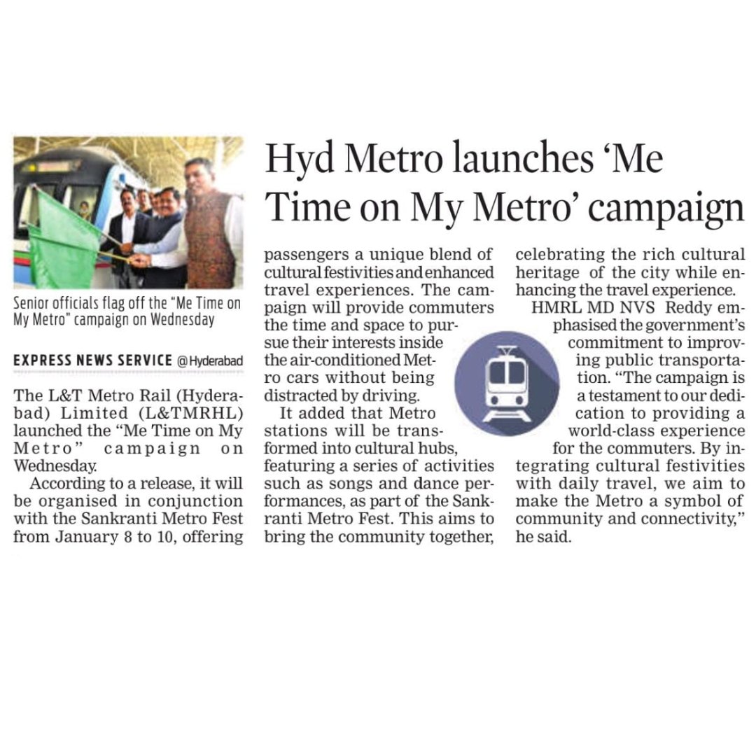GovTelangana's tweet photo. 🚇 Me Time on #MyMetro #Campaign #Launched! 🎭
@ltmhyd (L&TMRHL) introduces a unique #initiative to redefine #commuting.
✨ #Highlights of the #Campaign:
✅ #Encourages #passengers to explore passions and #hobbies during #commutes.
#MetroRail #Hyderbad #Telangana https://t.co/hiJBWAuzyy