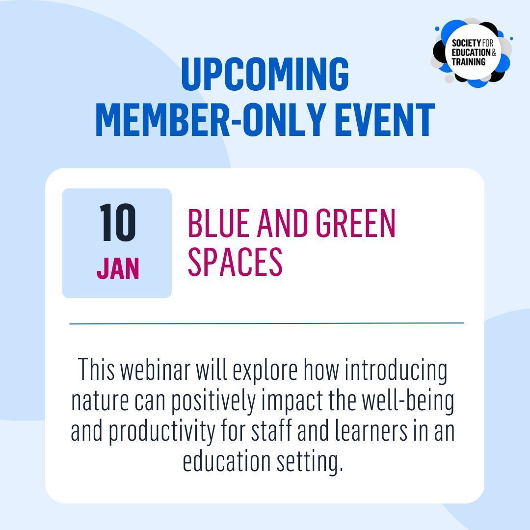 Don't miss our upcoming SET member webinar: 'Blue and green spaces - how introducing nature can positively impact the well-being for staff and learners'.🌳💧 

Discover how to introduce nature into workplaces, the benefits, and practical tips.

👉 buff.ly/40mFpLQ