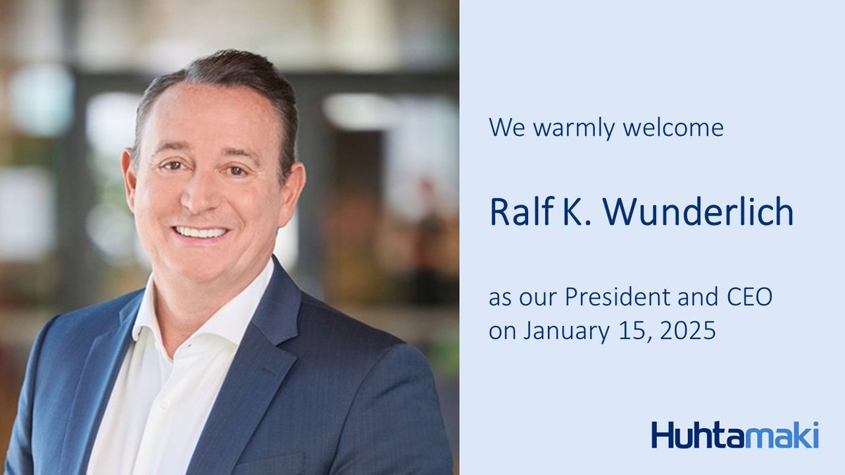 Huhtamaki appoints Ralf K. Wunderlich as President and CEO effective on January 15, 2025 when the Company’s current President and CEO Charles Héaulmé steps down.
 
Ralf K. Wunderlich has a long experience in packaging industry. He has been a member of Huhtamaki’s Board of