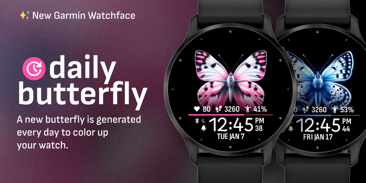 VAW's tweet photo. Daily Butterfly is now available in the Garmin ConnectIQ Store! It generates a new butterfly with AI every single day. #ai #genai #garmin #garminconnectiq #connectiq #butterfly #butterflies #nature https://t.co/ThqhBZeaZy https://t.co/K5OAcQNXh7
