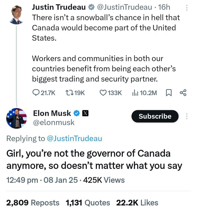 GarudaGlide's tweet image. Elon Musk never holds back! His savage response to Justin Trudeau’s tweet shows just how bold and unapologetic he can be. When it comes to expressing his opinions, Musk is consistently prepared to deliver harsh truths. 🔥 #ElonMusk #SavageResponse .@elonmusk .@JustinTrudeau