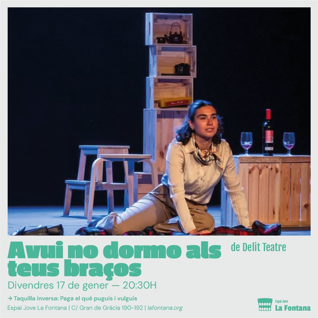 Avui no dormo als teus braços de <a href="/delitteatre/">Delit Teatre</a>  🍷
Una representació d’una obra de teatre que parla de la vida de la periodista, esportista, escriptora i foto periodista de guerra Anna Maria Martínez Sagi 

📅 Divendres 17 de gener
⏳ 20:30H
💰 Taquilla inversa