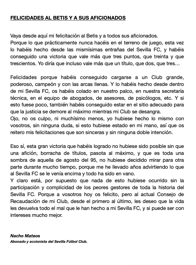 Felicidades al Betis y a sus aficionados...