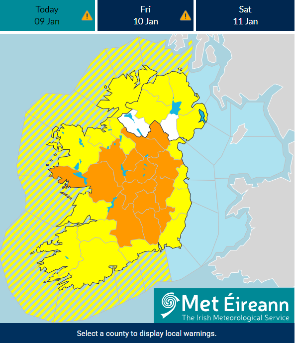 MetEireann's tweet image. ⚠️Status Orange - Low Temperature/Ice warning for Carlow, Kildare, Kilkenny, Laois, Longford, Meath, Offaly, Westmeath, Cavan, Monaghan, Galway, Roscommon, Tipperary⚠️

Valid: 19:00 Thursday 09/01/2025 to 08:00 Friday 10/01/2025

More detail 👇
met.ie/warnings-today…