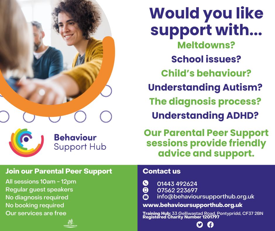 📢This Thursday we join Behaviour Support Hub's Peer Support Session!

No reservation is required, we provide one-on-one appointments giving free advice on all education issues.

📍33 Gelliwastad Road, Pontypridd
📆1st May
🕐10am – 12pm