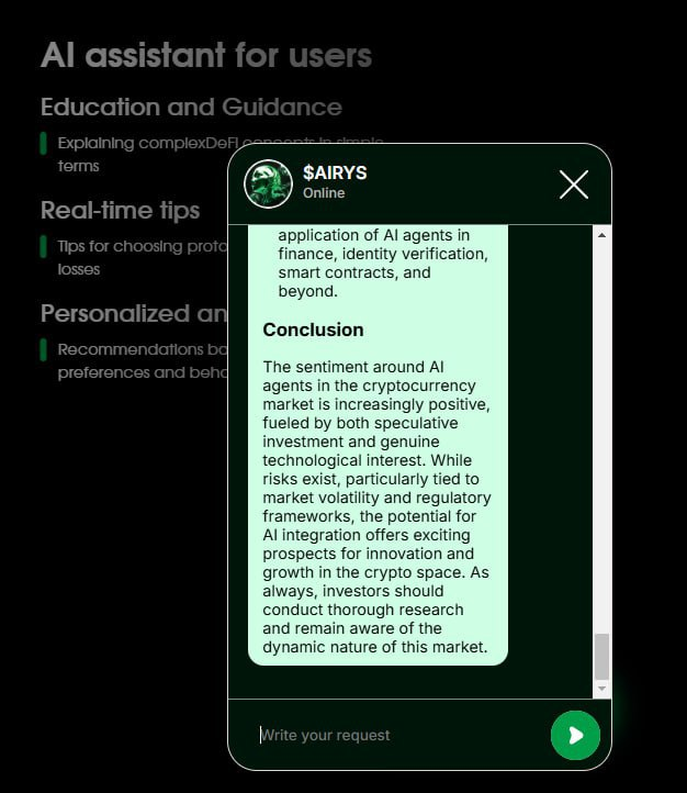 0xSandySol's tweet photo. Found new AI agent, looks really decent. Low cap rn, aped hard! Sharing $AIRYS early

FeyqsrZdBK4KFFB1fbLJ1tHznYJjHqTdy7bDcmj8SpWx https://t.co/XvFvP1NU0r