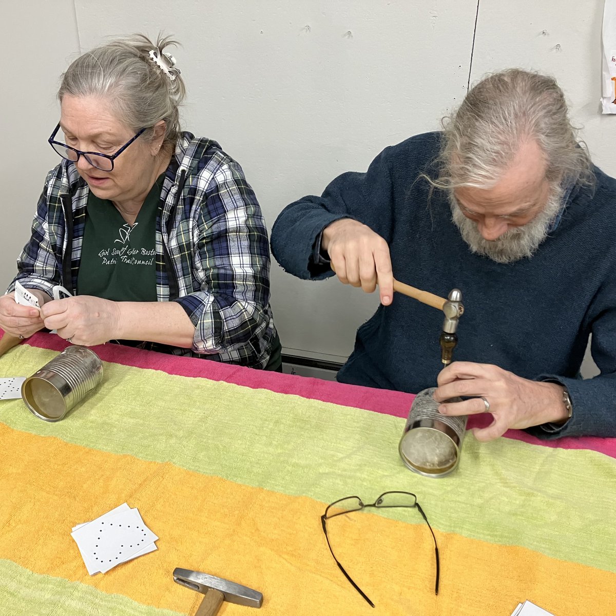 Lantern-making last night:  colonial tin lanterns with Lexington Historical Society !  If you missed the fun and have a tin can and a hammer at home, check out our DIY instructions at MunroeCenter.org/lexlux @lex250celebrations!  #IntergeneratiolnalArt