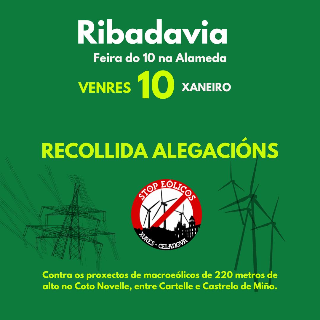 MAÑÁ, 10 DE XANEIRO, ESTAREMOS NA FEIRA DE #RIBADAVIA para recoller alegacións e informar sobre os eólicos de 220 m no Coto Novelle, entre #Cartelle e #Castrelo.
Tamén informaremos sobre a planta fotovoltaica xa en trámite para configurar un macropolígono híbrido en Cartelle.