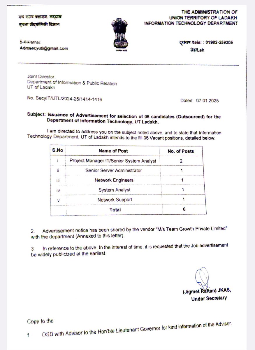 DIPR Kargil (@dipr_kargil) on Twitter photo #JOB #VACANCY #ADVERTISEMENT
Applications are invited on behalf of the Information Technology Department, UT Ladakh for the employment of the following manpower purely on an outsourced basis till 31st March 2025.
<a href="/Info_Ladakh/">DIRECTORATE OF INFORMATION (LADAKH)</a>
<a href="/DDNewslive/">DD News</a>
<a href="/ddnewsladakh/">DD NEWS LADAKH</a>
<a href="/airnewskargil/">Radio News Kargil</a> #JOB #VACANCY #ADVERTISEMENT
Applications are invited on behalf of the Information Technology Department, UT Ladakh for the employment of the following manpower purely on an outsourced basis till 31st March 2025.
<a href="/Info_Ladakh/">DIRECTORATE OF INFORMATION (LADAKH)</a>
<a href="/DDNewslive/">DD News</a>
<a href="/ddnewsladakh/">DD NEWS LADAKH</a>
<a href="/airnewskargil/">Radio News Kargil</a>
