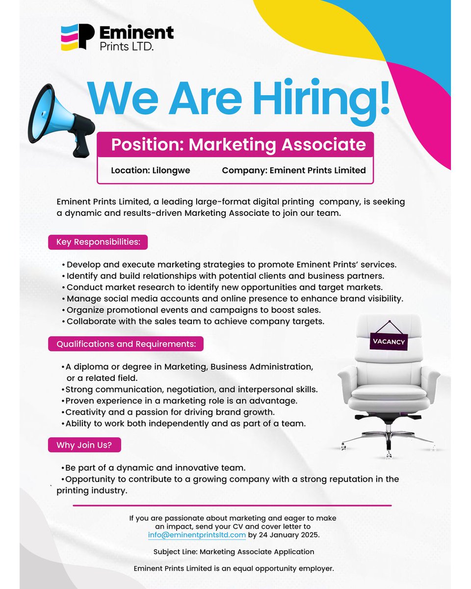 Eminentprints1's tweet photo. We are hiring📌
Send your CV's and cover letters to info@eminentprintsltd.com. We look forward to working with you. 

#eminentprints #jobvacancy https://t.co/PcUhkASXfg