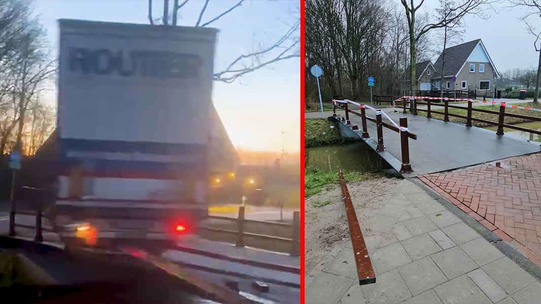 Verdwaalde trucker verwoest fietsbrug en ramt boom