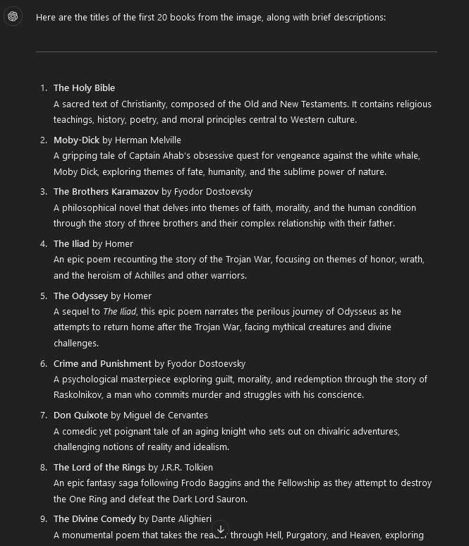 SomeTestUser01's tweet photo. @kimmonismus I guess a list of 100 books is too big for one query in 4o. I asked him to do it for the first 20 and he did a great job. https://t.co/LDHzkRglsN